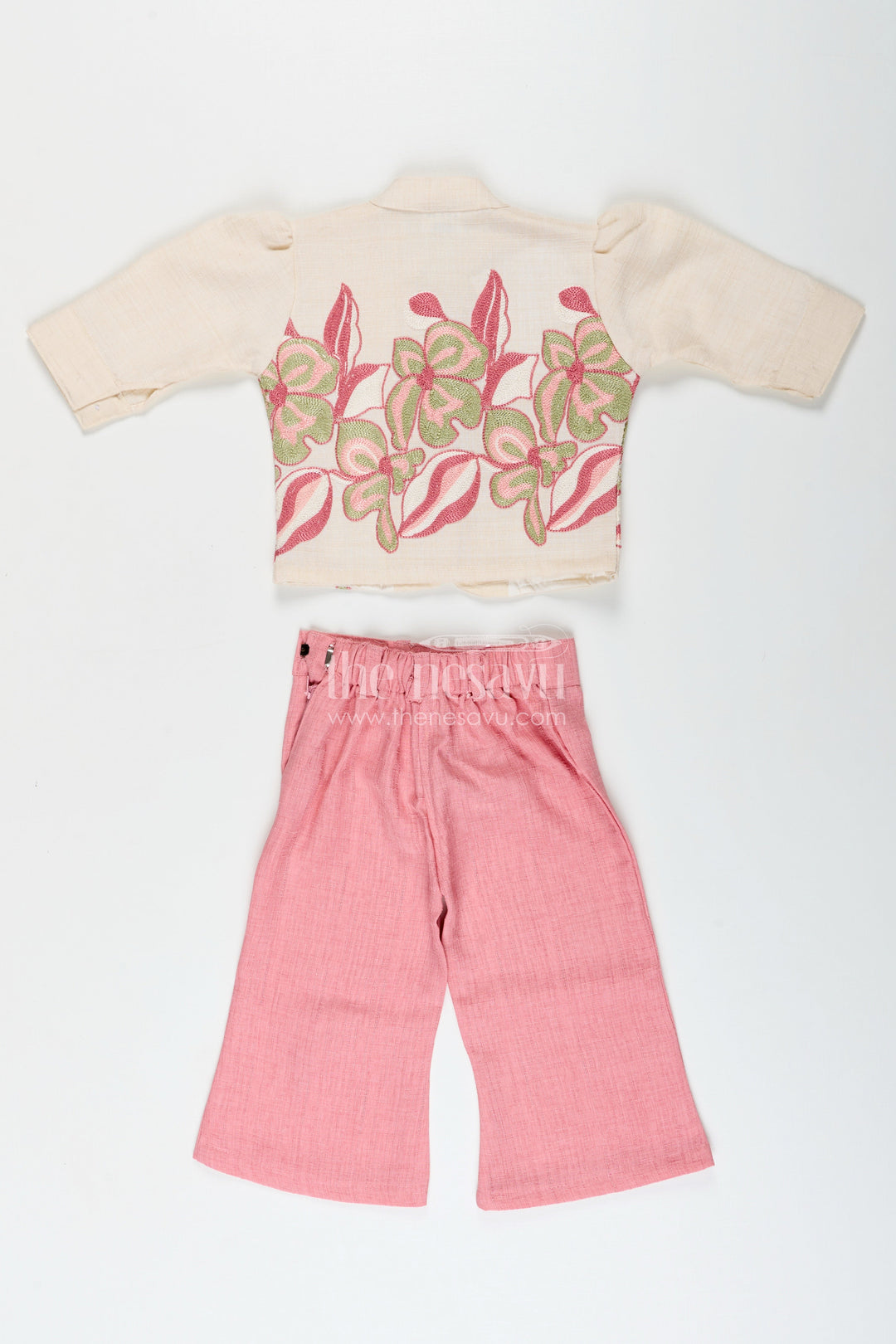Elegant girls embroidered cotton casual set with playful pant and top combo