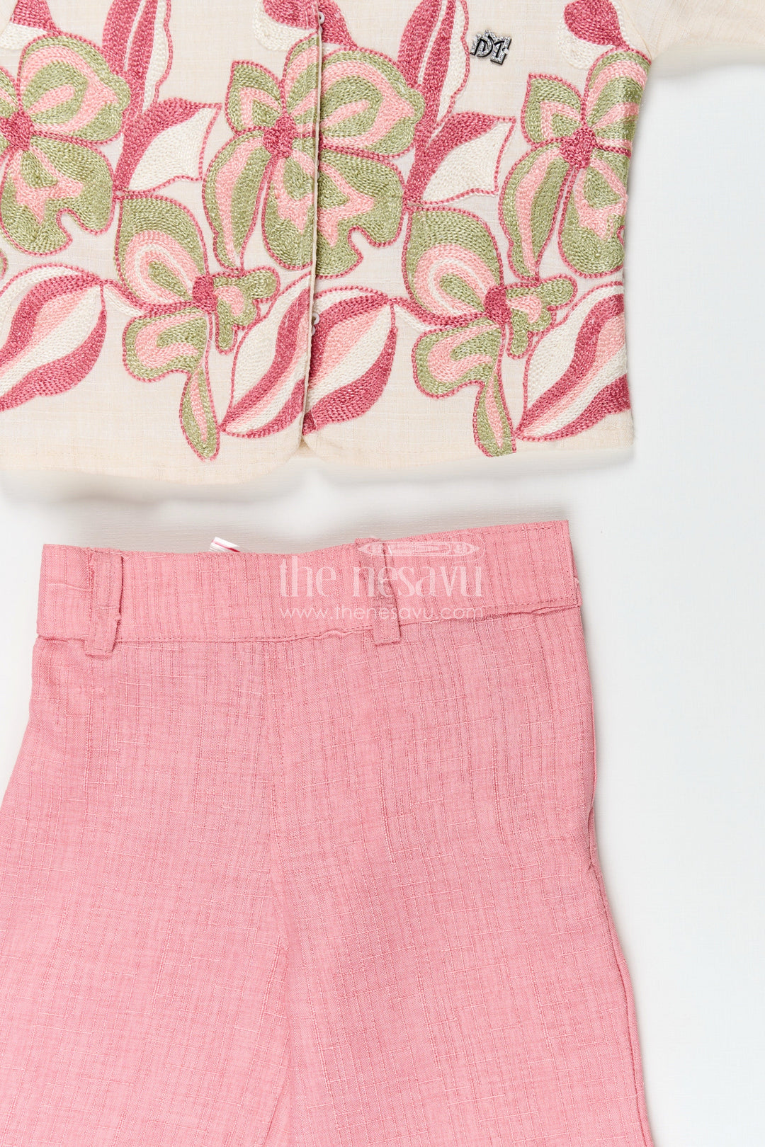 Elegant girls embroidered cotton casual set with playful pant and top combo