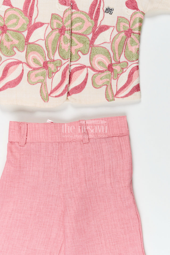 Elegant girls embroidered cotton casual set with playful pant and top combo