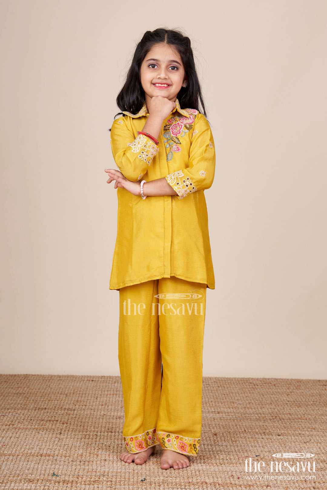 Girls Embroidered Casual Set with Collar Tunic and Pants