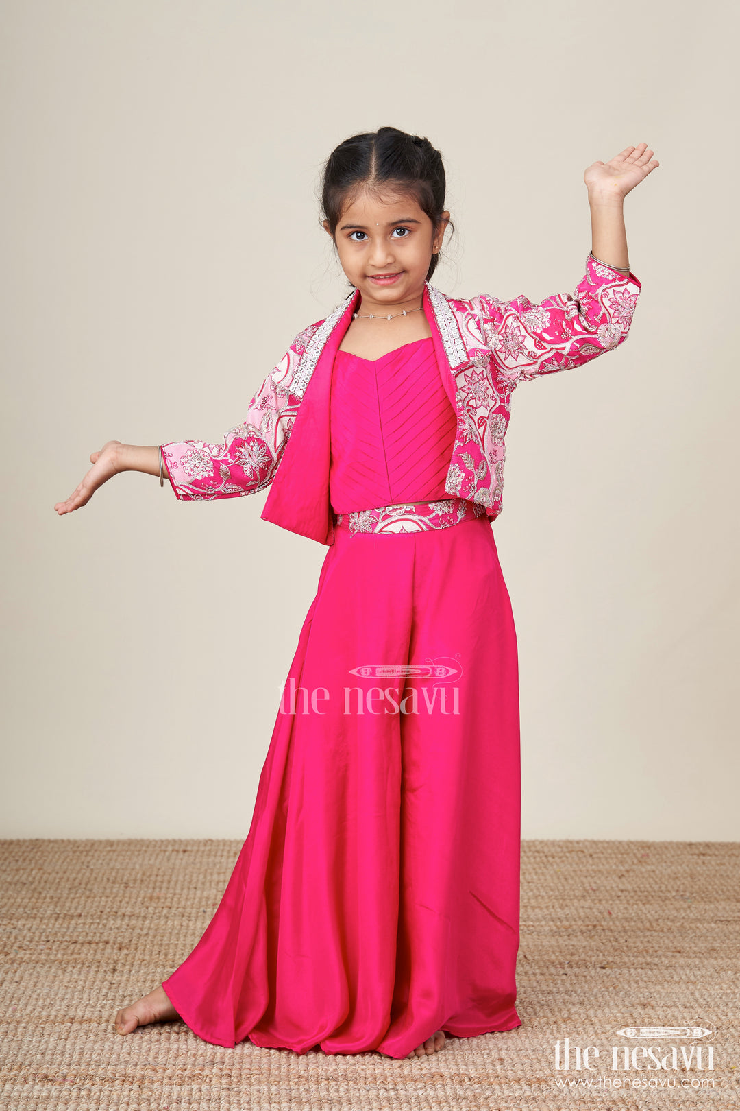 Jacket-style girls sharara set with embroidered detailing for festive layering
