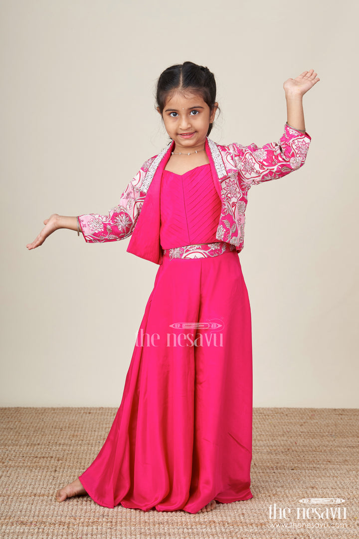 Jacket-style girls sharara set with embroidered detailing for festive layering