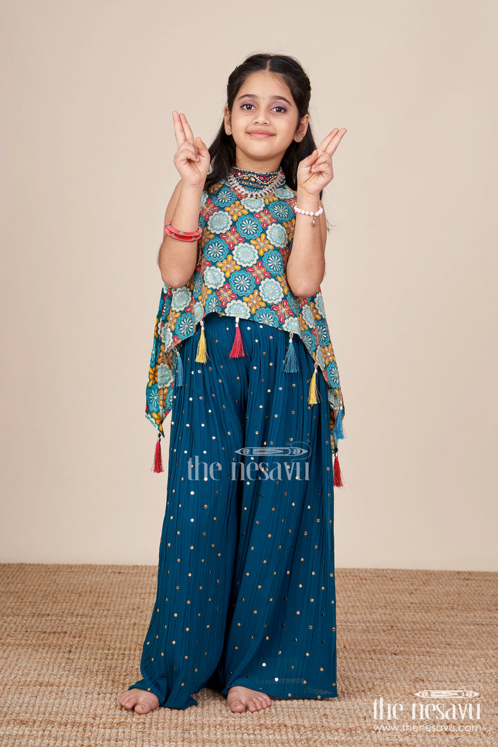 Ethnic girls sharara set with printed cape top and mirror accents