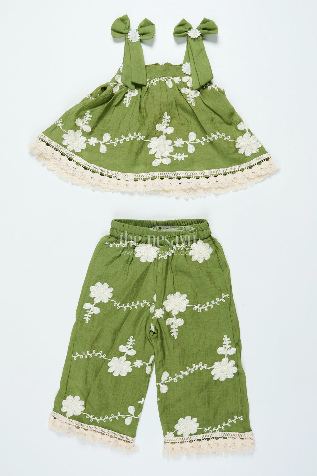 Girls Green Sharara Set In Cotton with Thread Embroidery for Festive Days