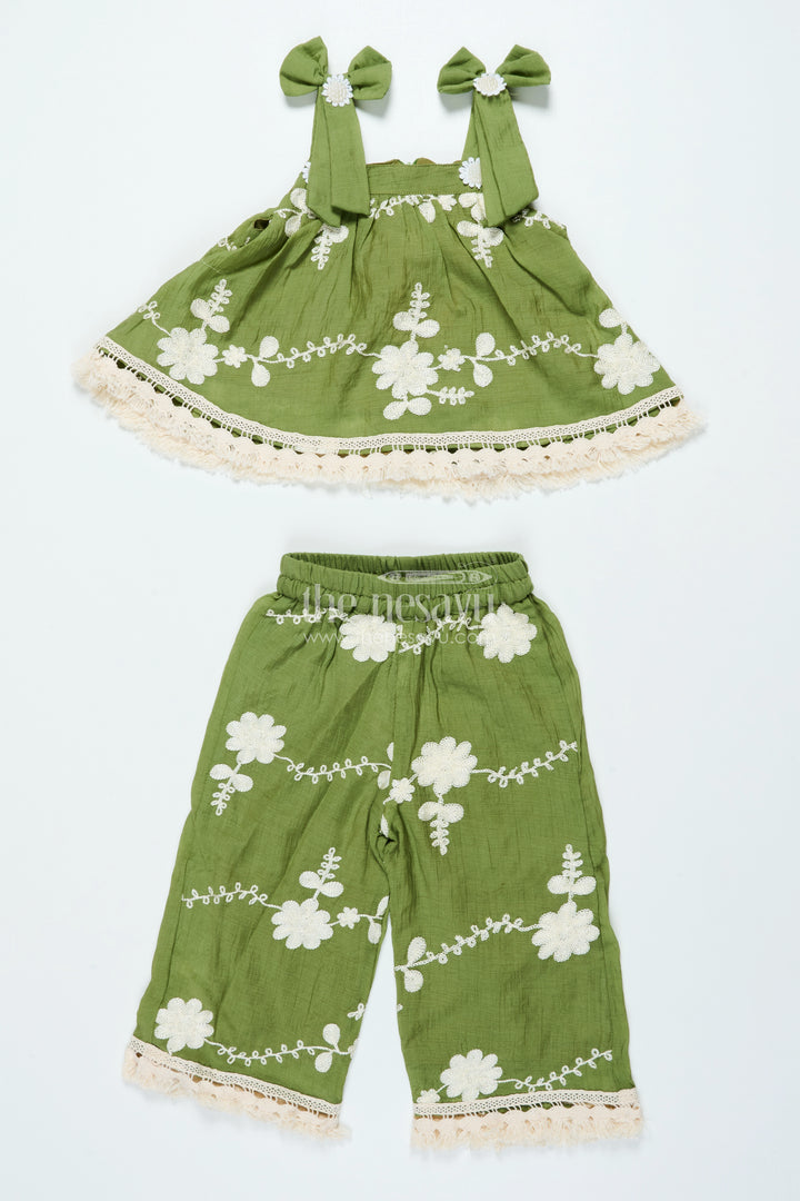 Girls Green Sharara Set In Cotton with Thread Embroidery for Festive Days