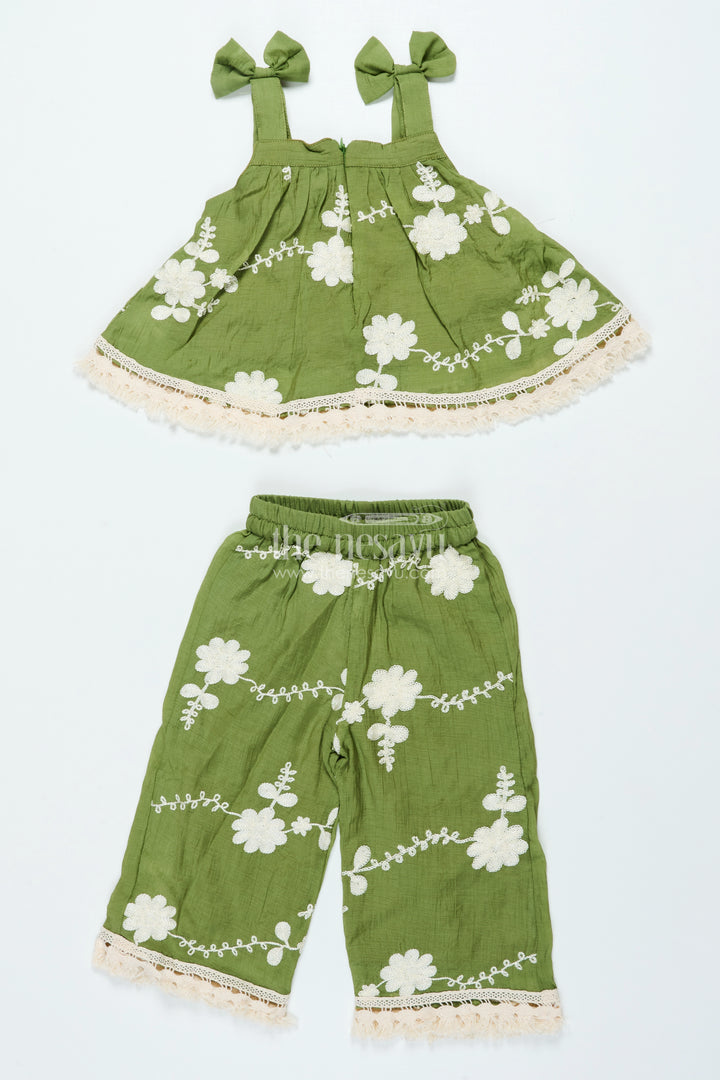 Girls Green Sharara Set In Cotton with Thread Embroidery for Festive Days