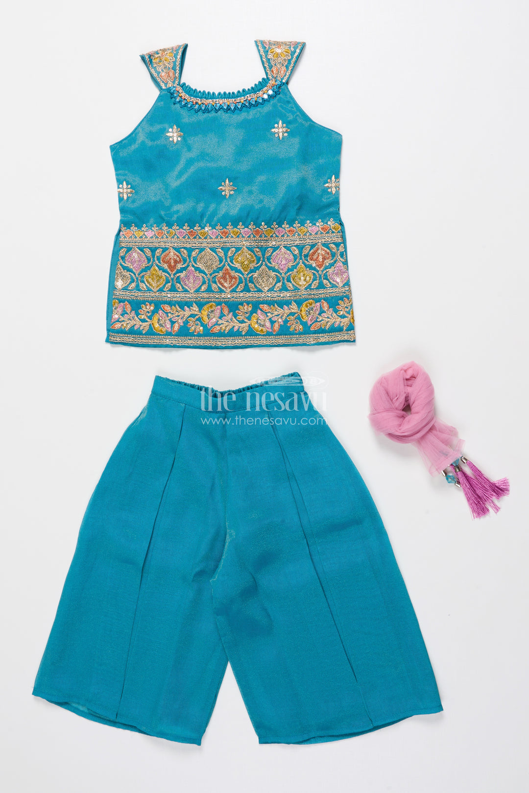 Girls Ethnic Sharara Set with Embroidered Top Lightweight Festive Wear In Tissue Silk