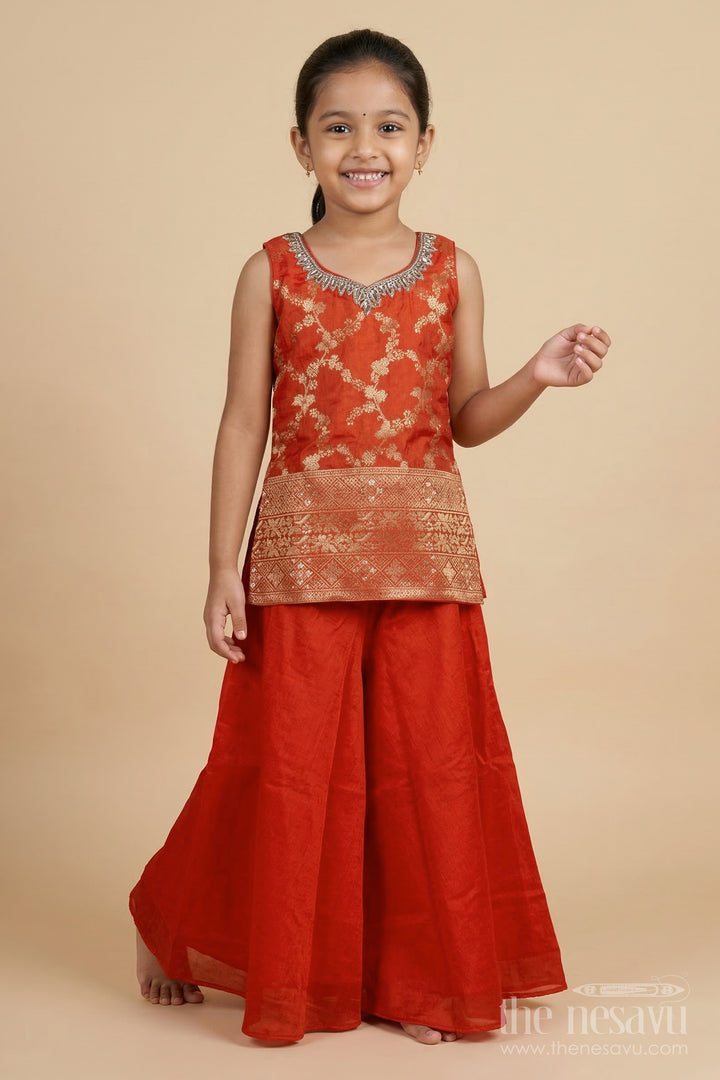 Nesavu Girls Plazo Set with Traditional Woven Yoke and Dupatta – Ideal for Weddings, Pujas, and Festive Events