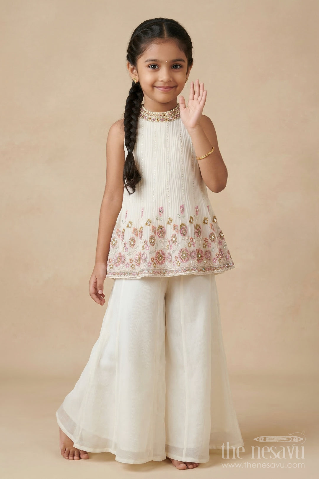 Pleated Georgette Sharara Set for Girls with Thread Embroidery for Milestone Moments