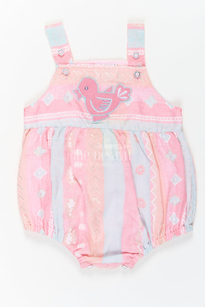 Baby Summer Rompers in Cotton Blend with Bird Appliqué and Soft Pastel Colors