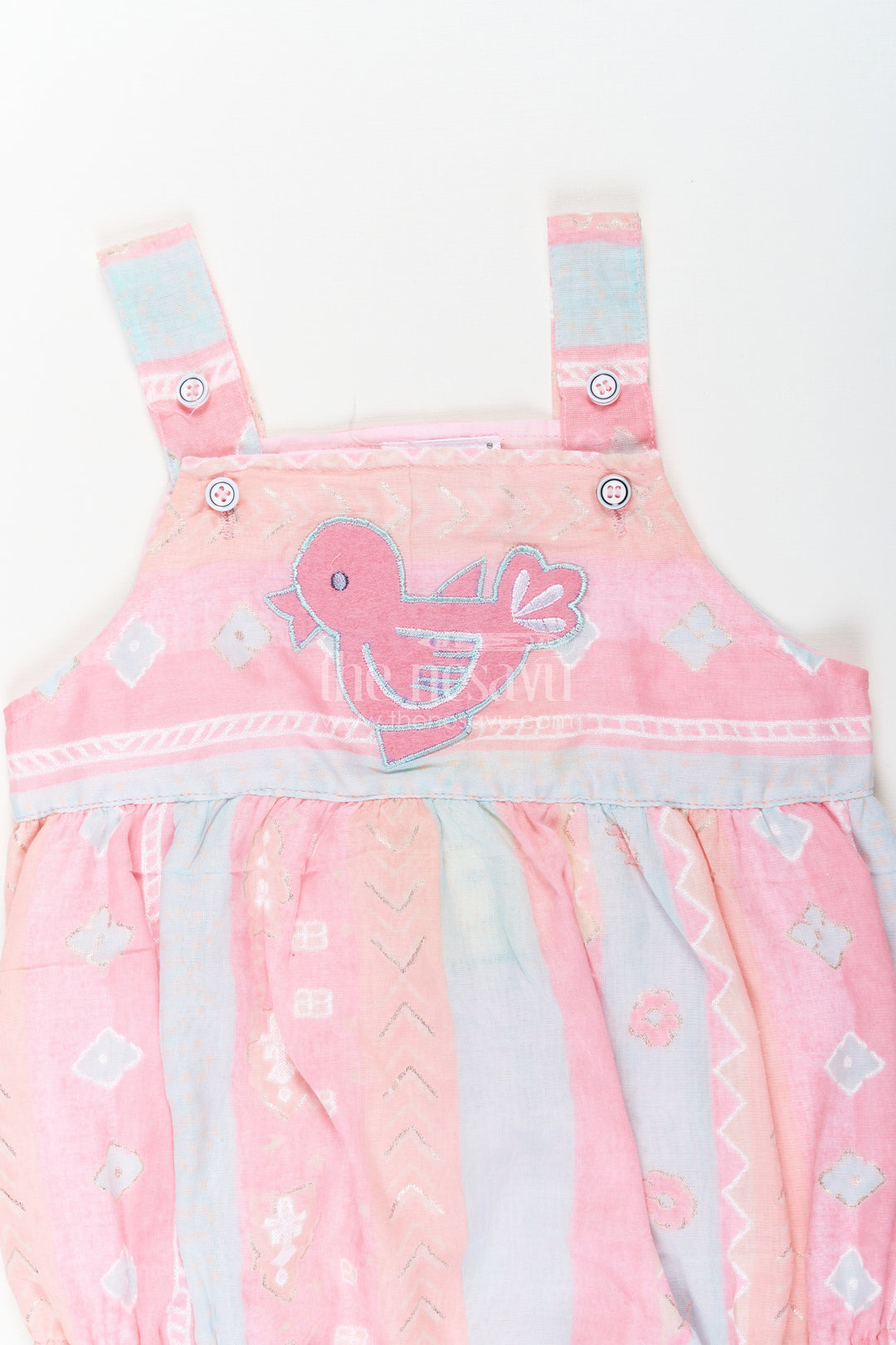 Baby Summer Rompers in Cotton Blend with Bird Appliqué and Soft Pastel Colors