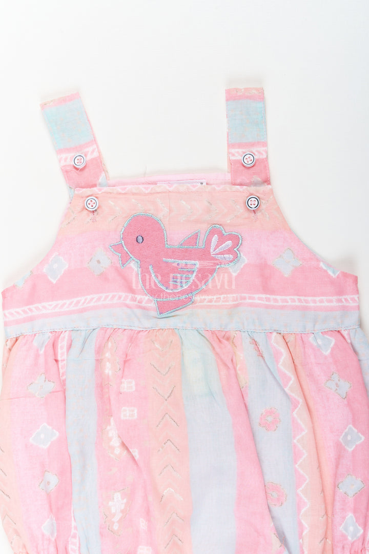 Baby Summer Rompers in Cotton Blend with Bird Appliqué and Soft Pastel Colors