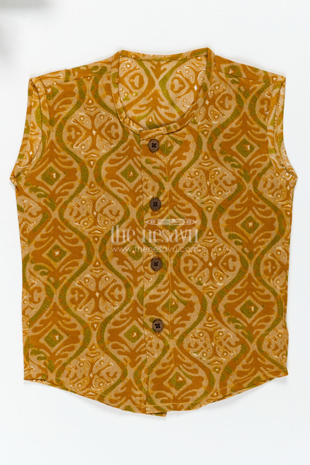 Baby Boys Ethnic Yellow Sleeveless Jabla with Batik Print and Wooden Buttons in infant jhabla Design