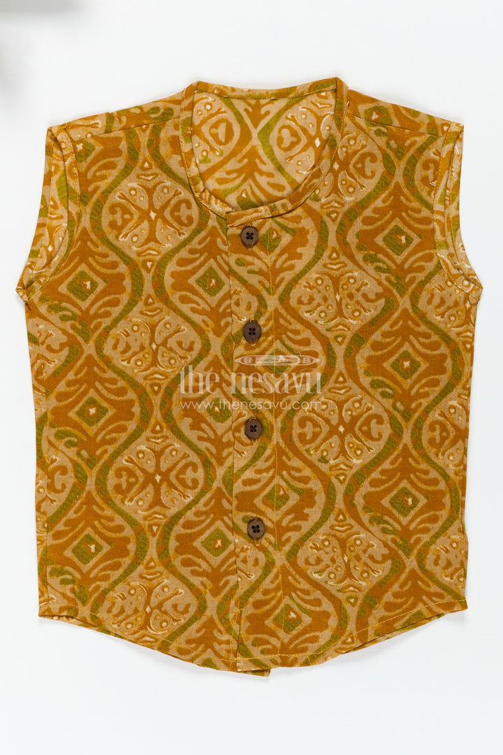Baby Boys Ethnic Yellow Sleeveless Jabla with Batik Print and Wooden Buttons in infant jhabla Design