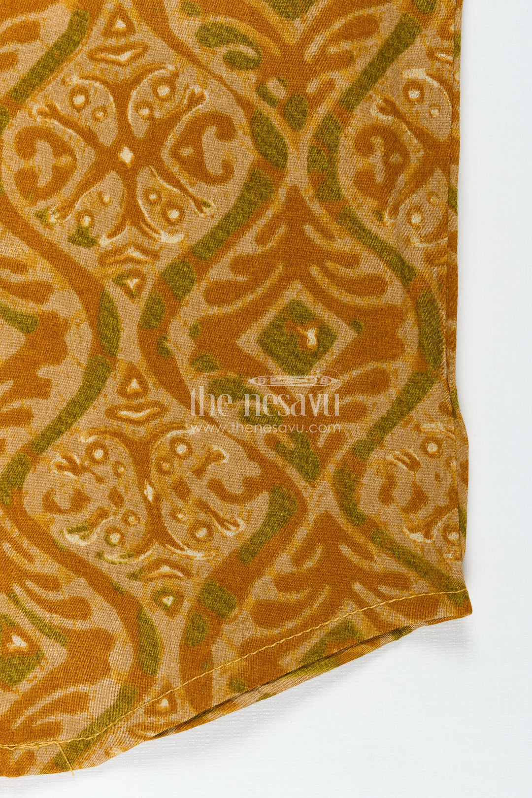 Baby Boys Ethnic Yellow Sleeveless Jabla with Batik Print and Wooden Buttons in infant jhabla Design