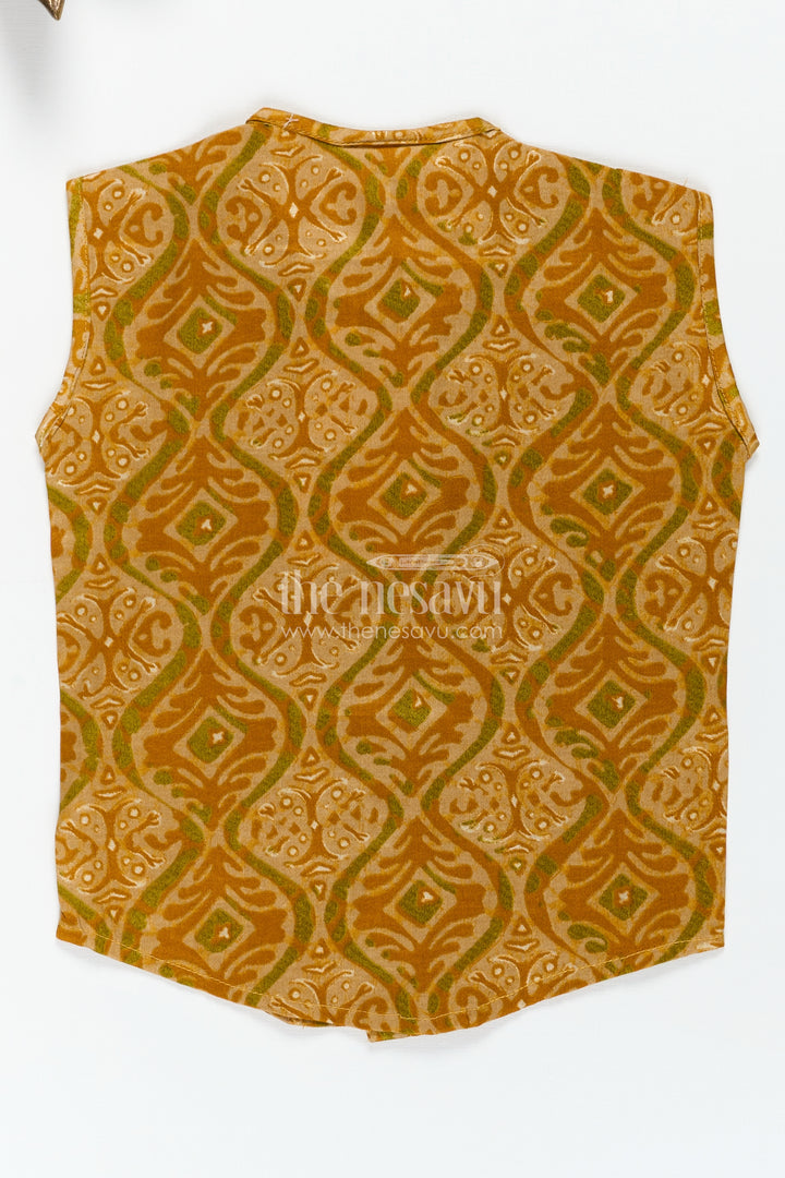 Baby Boys Ethnic Yellow Sleeveless Jabla with Batik Print and Wooden Buttons in infant jhabla Design