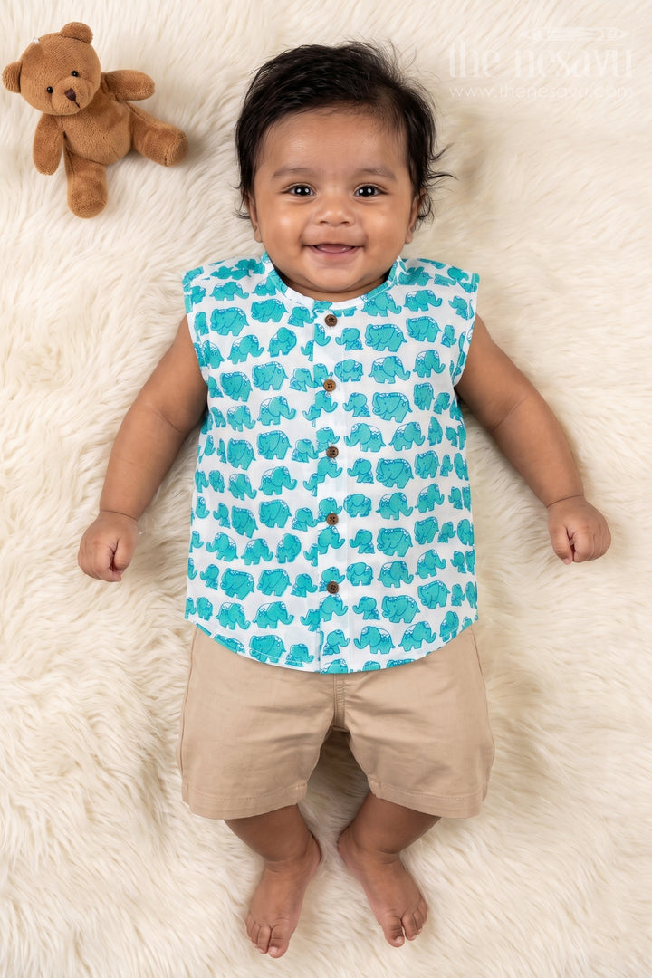 Jablas for Newborn Boys Sleeveless Cotton Shirt with Cute Elephant Digital Print in Teal and White