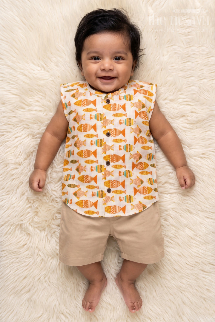 Front-open Cotton Jabla with Fish Print for Baby Boys and Girls