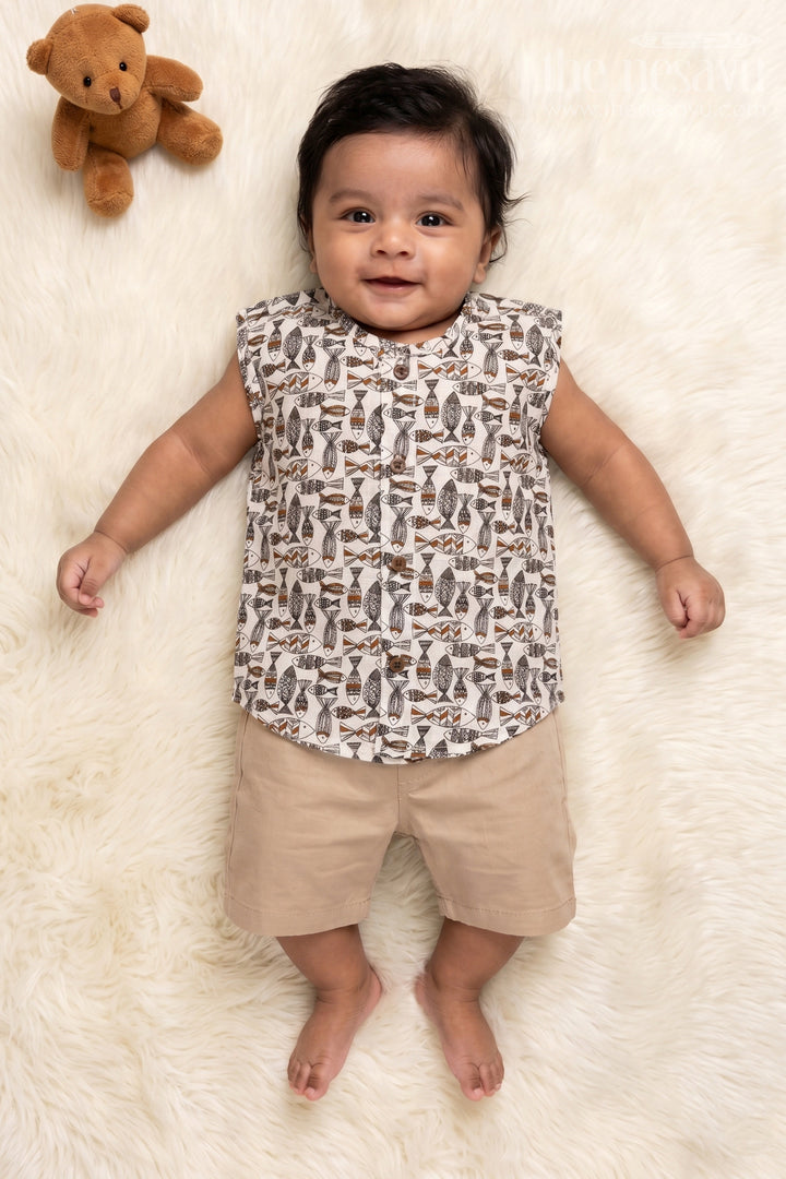 Cotton Sleeveless Jabla for Babies with Playful Fish Print