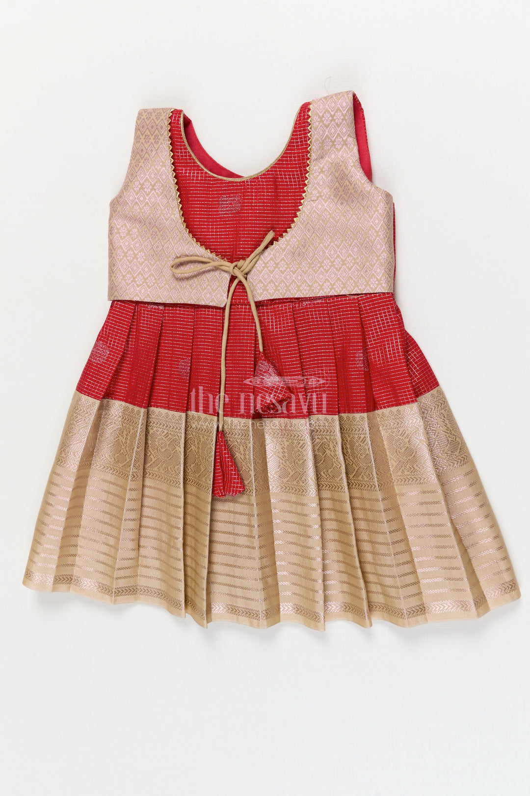 The Nesavu Girls Kanchi Silk Frock Bridal Silk Frock for Toddler Girls with Kanchivaram Saree Inspired Detailing Nesavu 10 (NB) / Red / style 1 KSF008AA-10 Nesavu toddler girl bridal silk frock with Kanchivaram saree inspired zari detailing for festive occasions