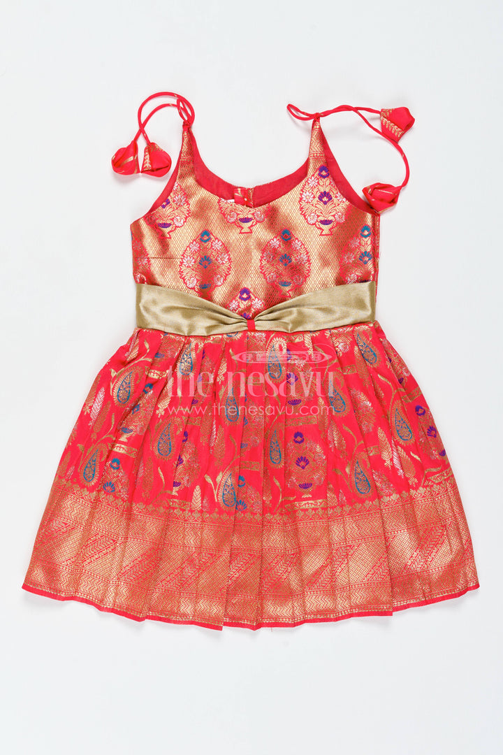 Girls Kanchi Silk Frock in Red with Jacquard Weave