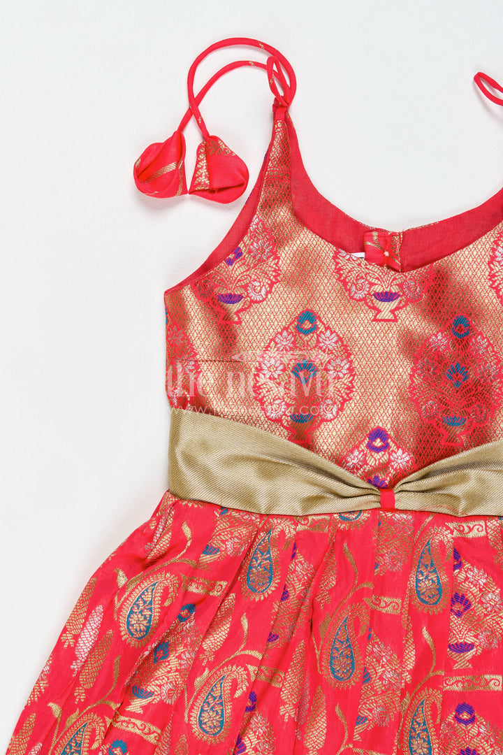 Girls Kanchi Silk Frock in Red with Jacquard Weave