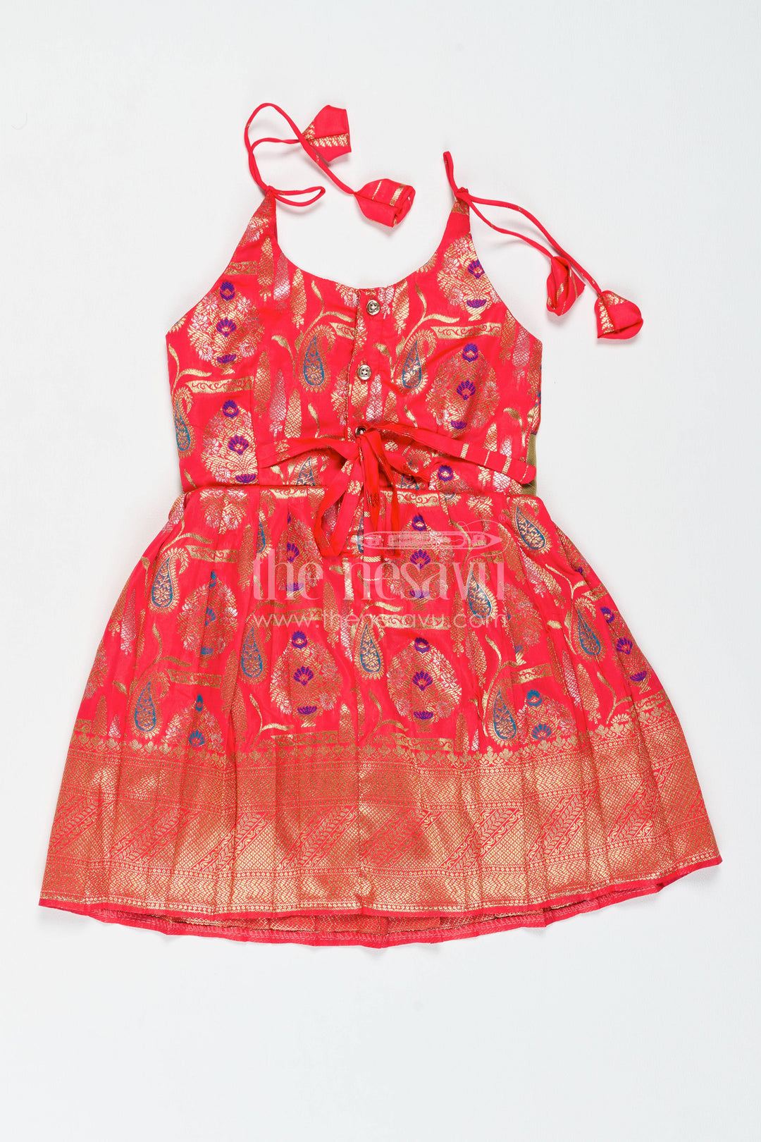 Girls Kanchi Silk Frock in Red with Jacquard Weave