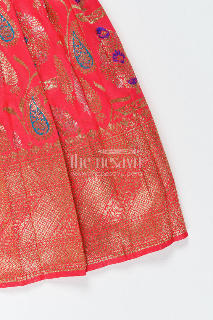 Girls Kanchi Silk Frock in Red with Jacquard Weave