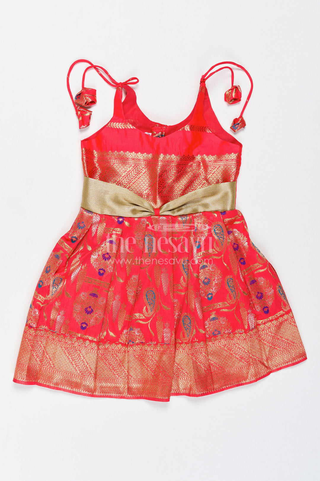 Girls Kanchi Silk Frock in Red with Jacquard Weave