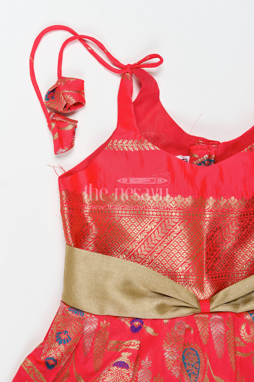 Girls Kanchi Silk Frock in Red with Jacquard Weave