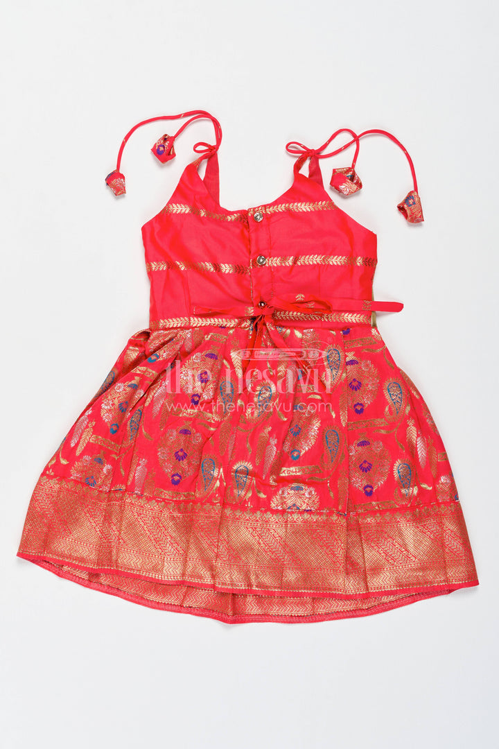 Girls Kanchi Silk Frock in Red with Jacquard Weave