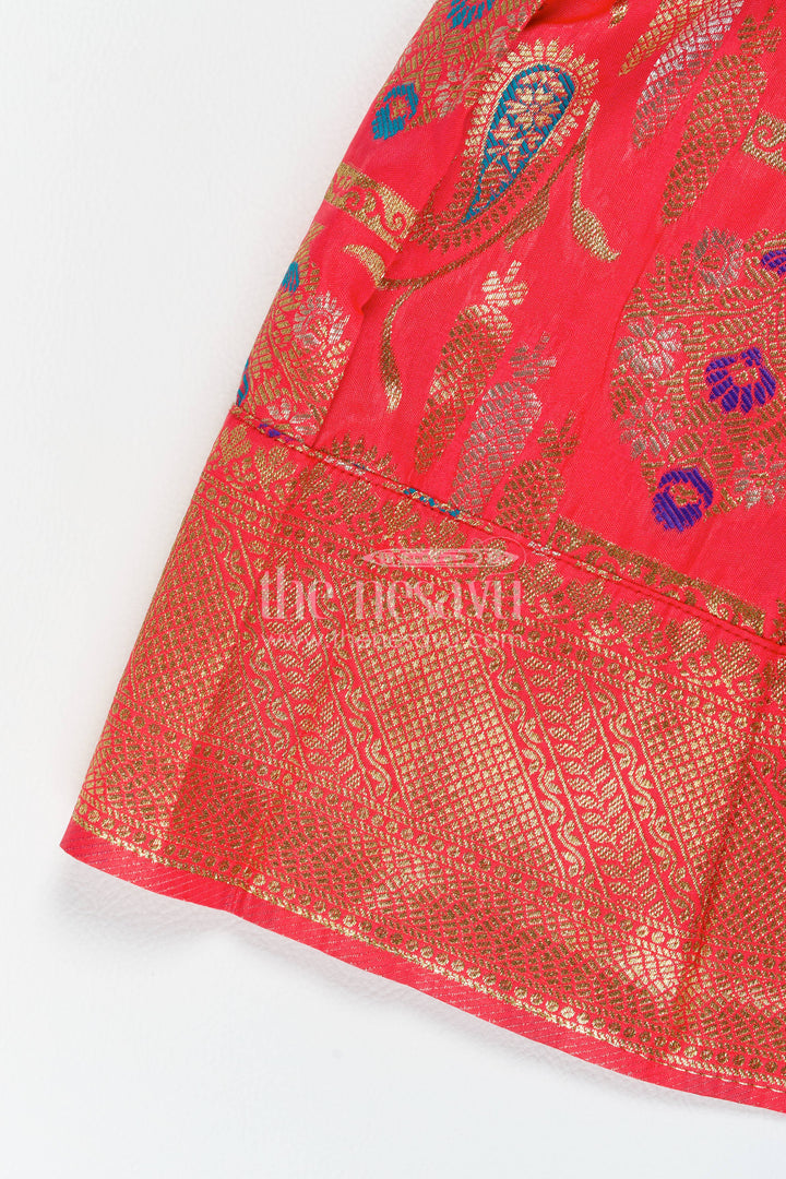 Girls Kanchi Silk Frock in Red with Jacquard Weave