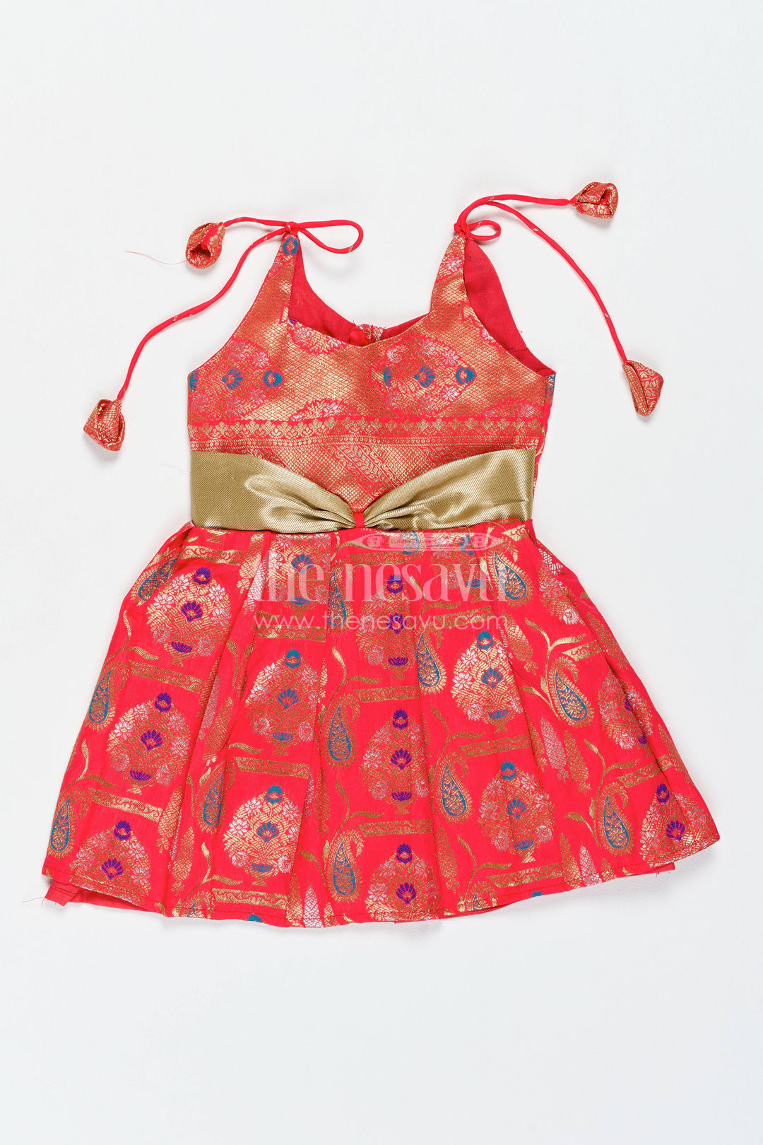 Girls Kanchi Silk Frock in Red with Jacquard Weave