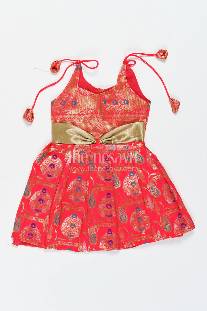 Girls Kanchi Silk Frock in Red with Jacquard Weave