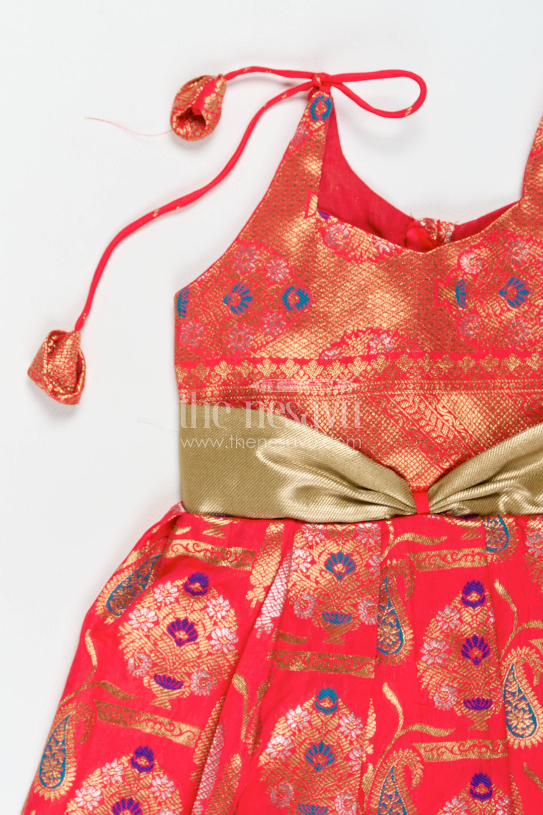 Girls Kanchi Silk Frock in Red with Jacquard Weave