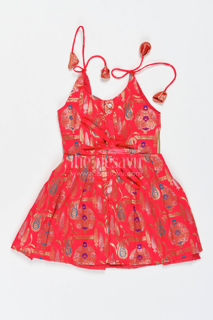 Girls Kanchi Silk Frock in Red with Jacquard Weave