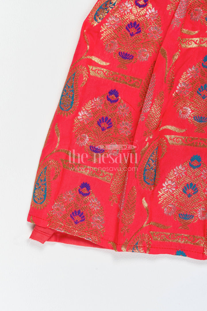 Girls Kanchi Silk Frock in Red with Jacquard Weave