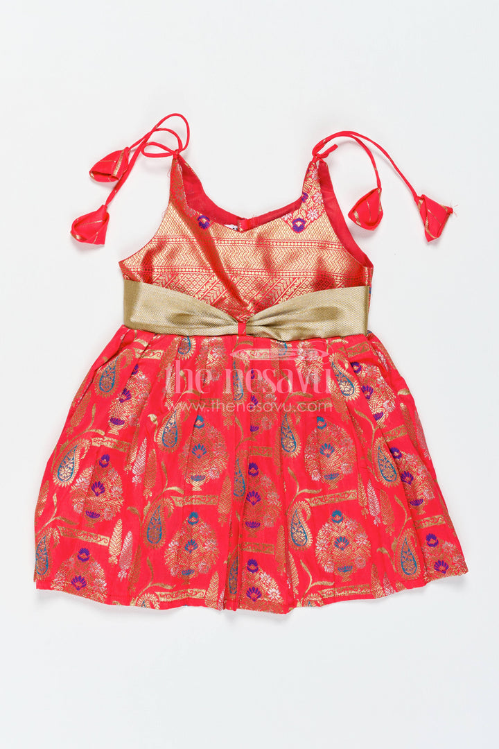 Girls Kanchi Silk Frock in Red with Jacquard Weave