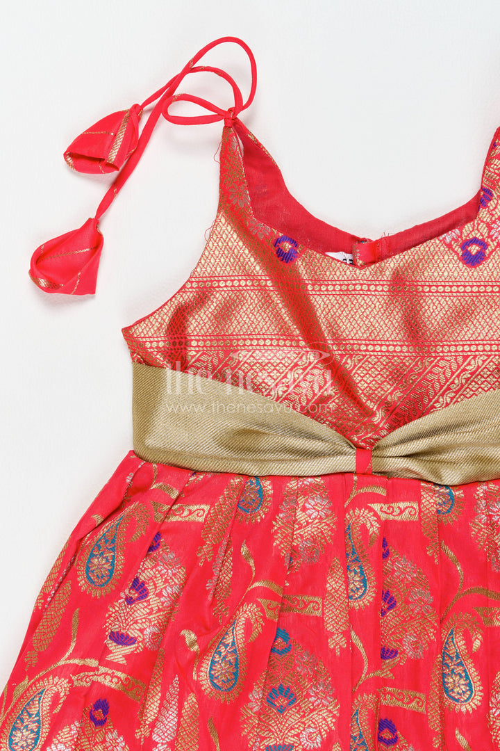 Girls Kanchi Silk Frock in Red with Jacquard Weave