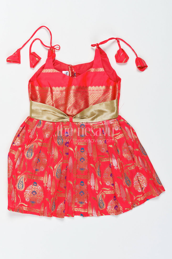 Girls Kanchi Silk Frock in Red with Jacquard Weave