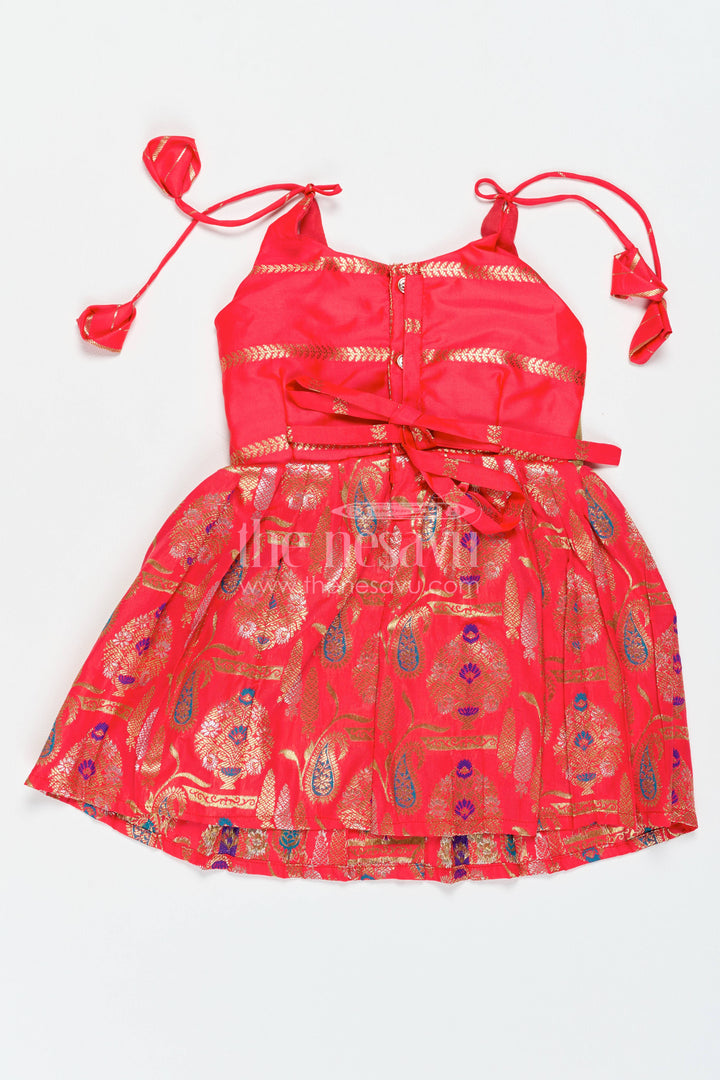 Girls Kanchi Silk Frock in Red with Jacquard Weave