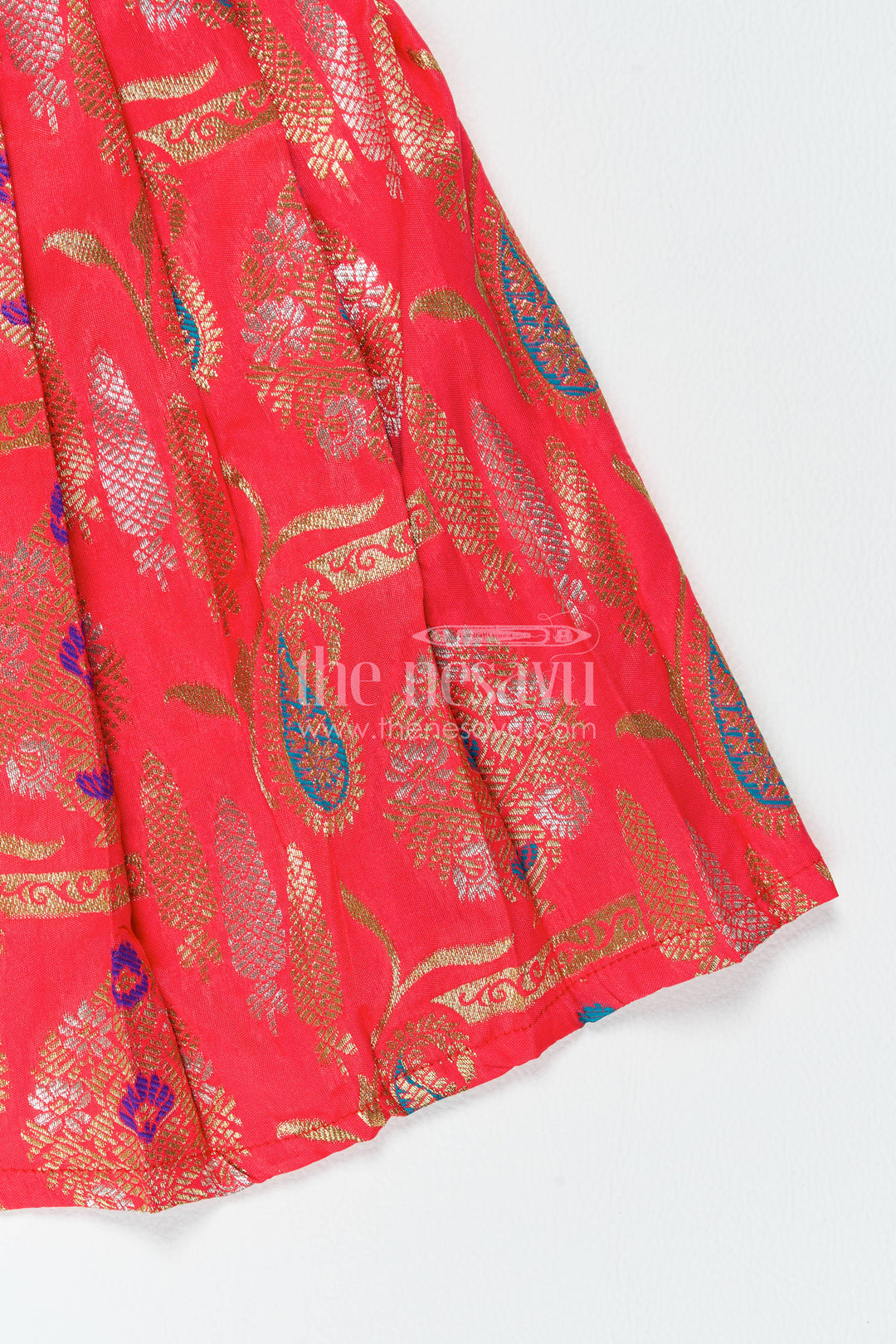 Girls Kanchi Silk Frock in Red with Jacquard Weave