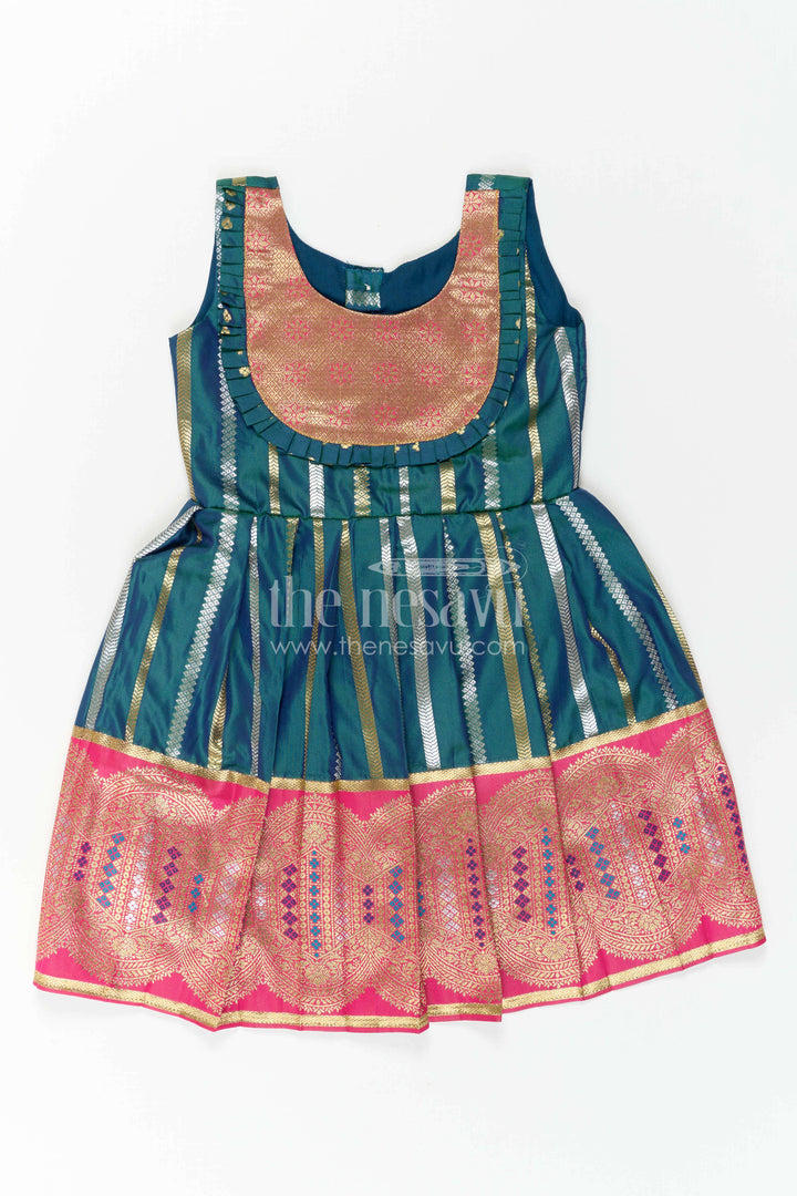 Nesavu Baby Girl Kanchi Silk Frock with Woven Stripes and Big Border for Festive Weddings
