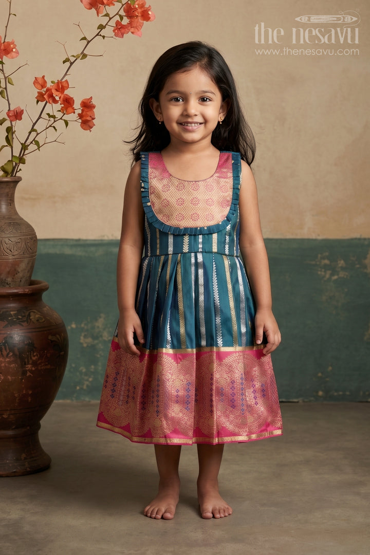 Nesavu Baby Girl Kanchi Silk Frock with Woven Stripes and Big Border for Festive Weddings