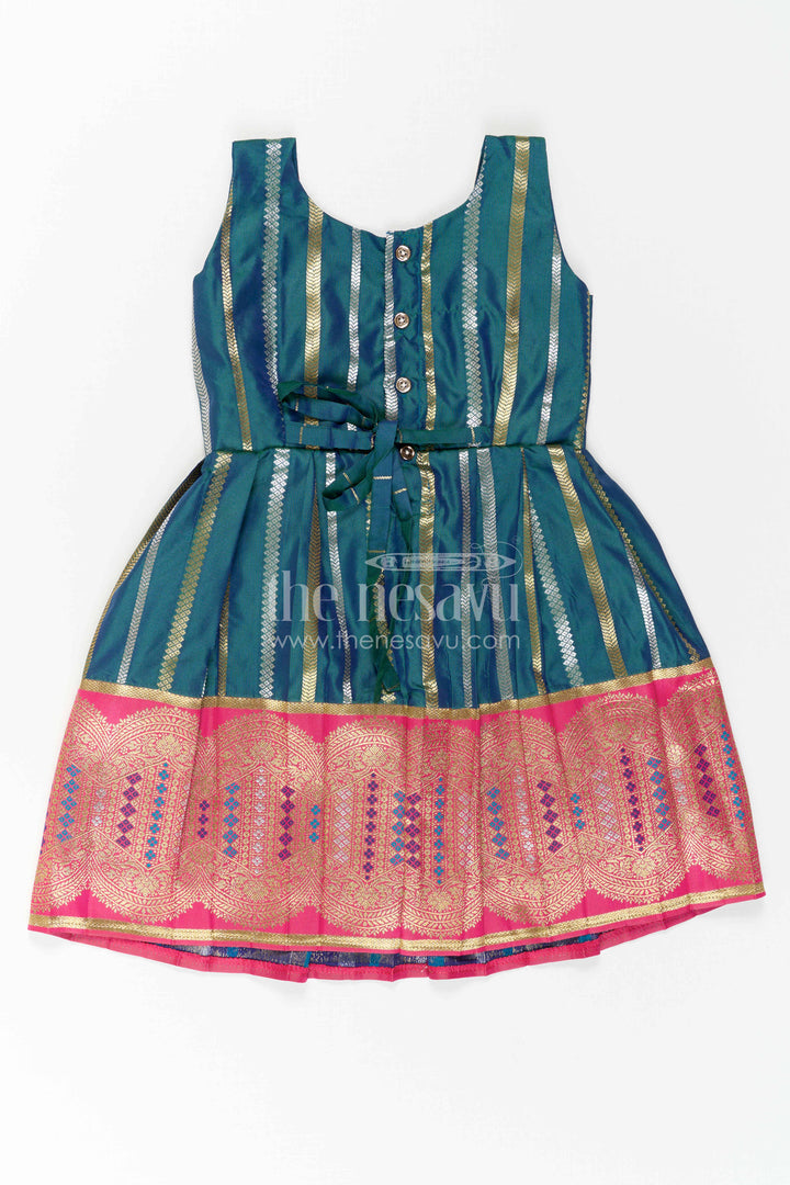 Nesavu Baby Girl Kanchi Silk Frock with Woven Stripes and Big Border for Festive Weddings