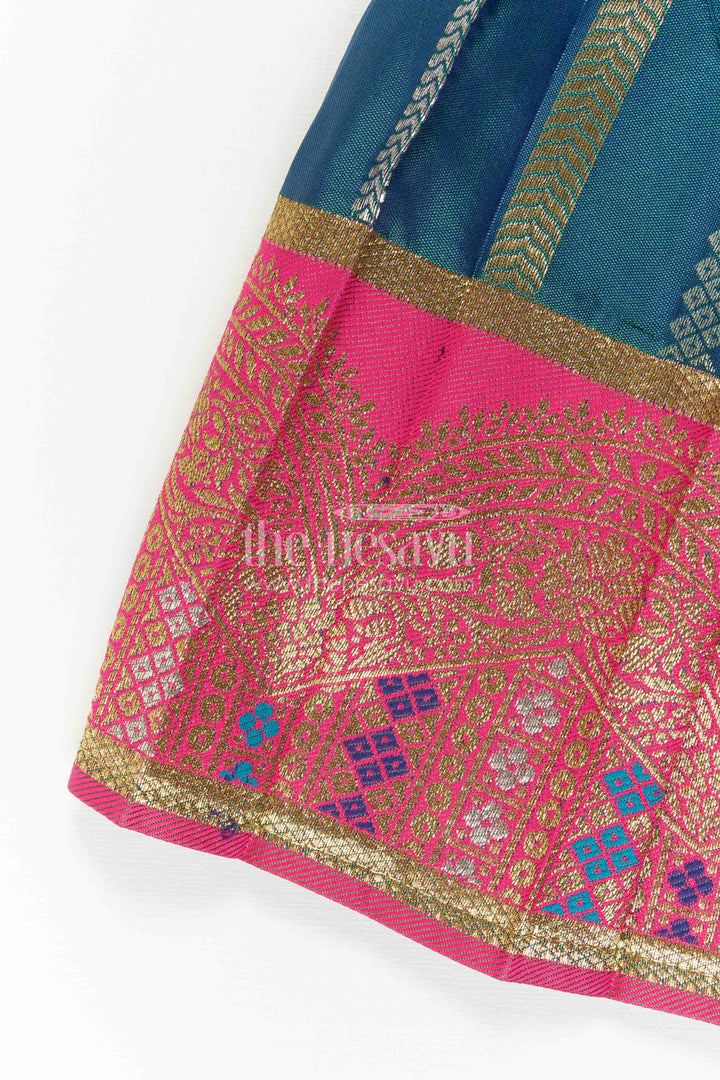 Nesavu Baby Girl Kanchi Silk Frock with Woven Stripes and Big Border for Festive Weddings