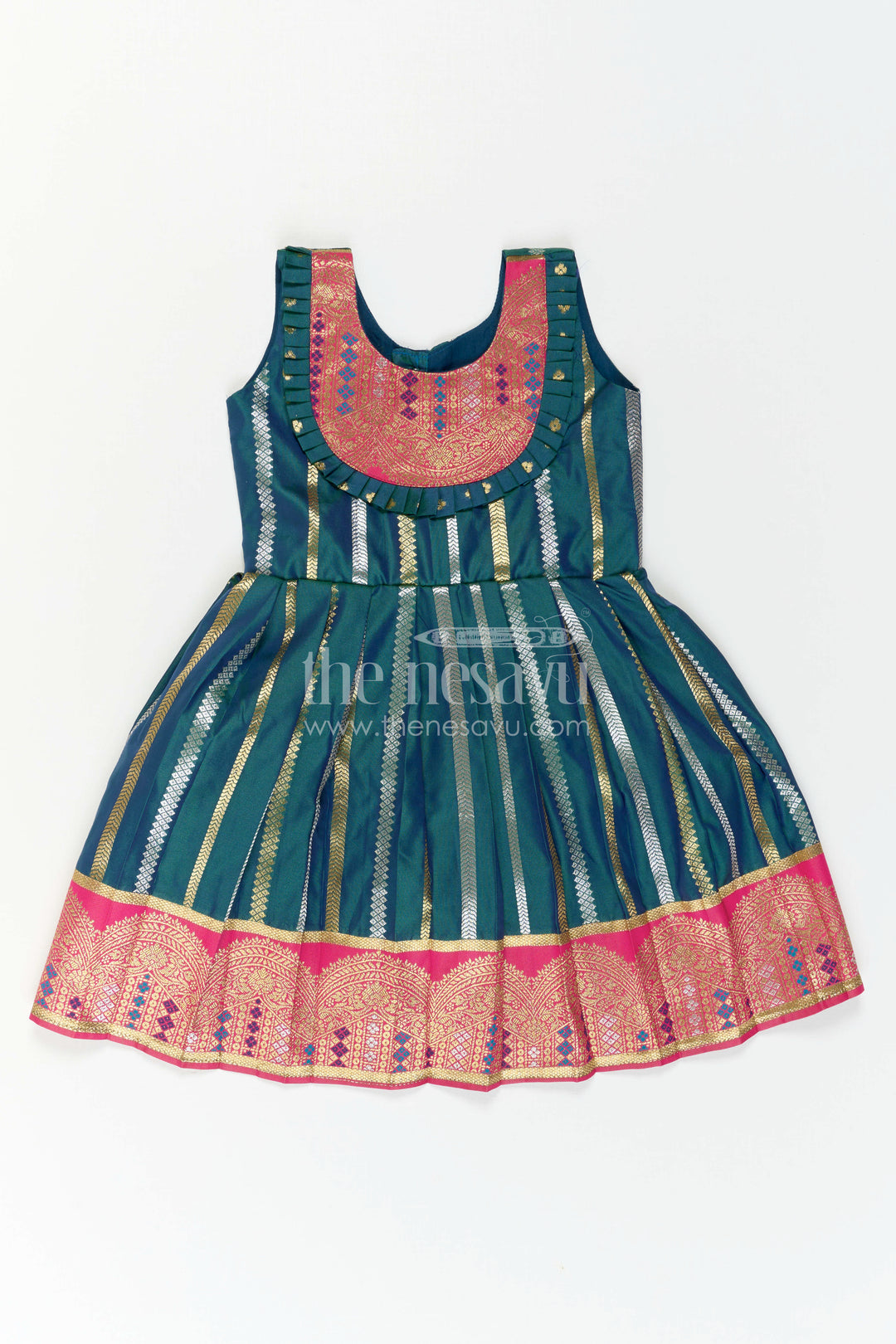 Nesavu Baby Girl Kanchi Silk Frock with Woven Stripes and Big Border for Festive Weddings