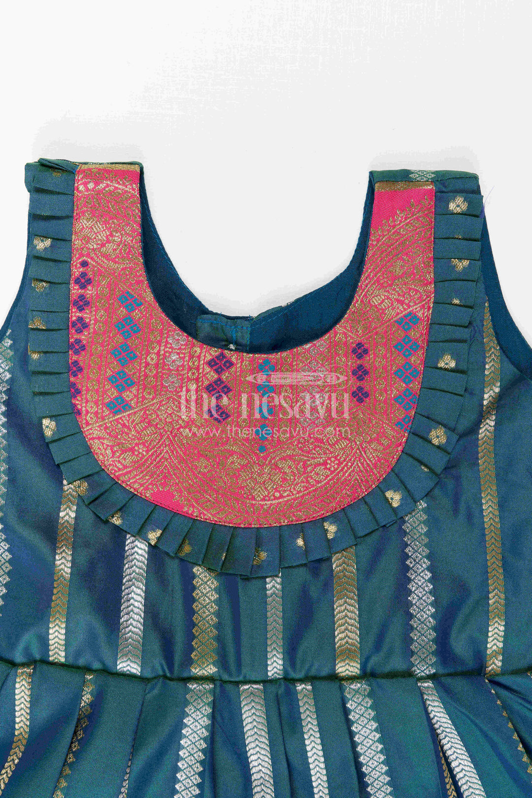 Nesavu Baby Girl Kanchi Silk Frock with Woven Stripes and Big Border for Festive Weddings