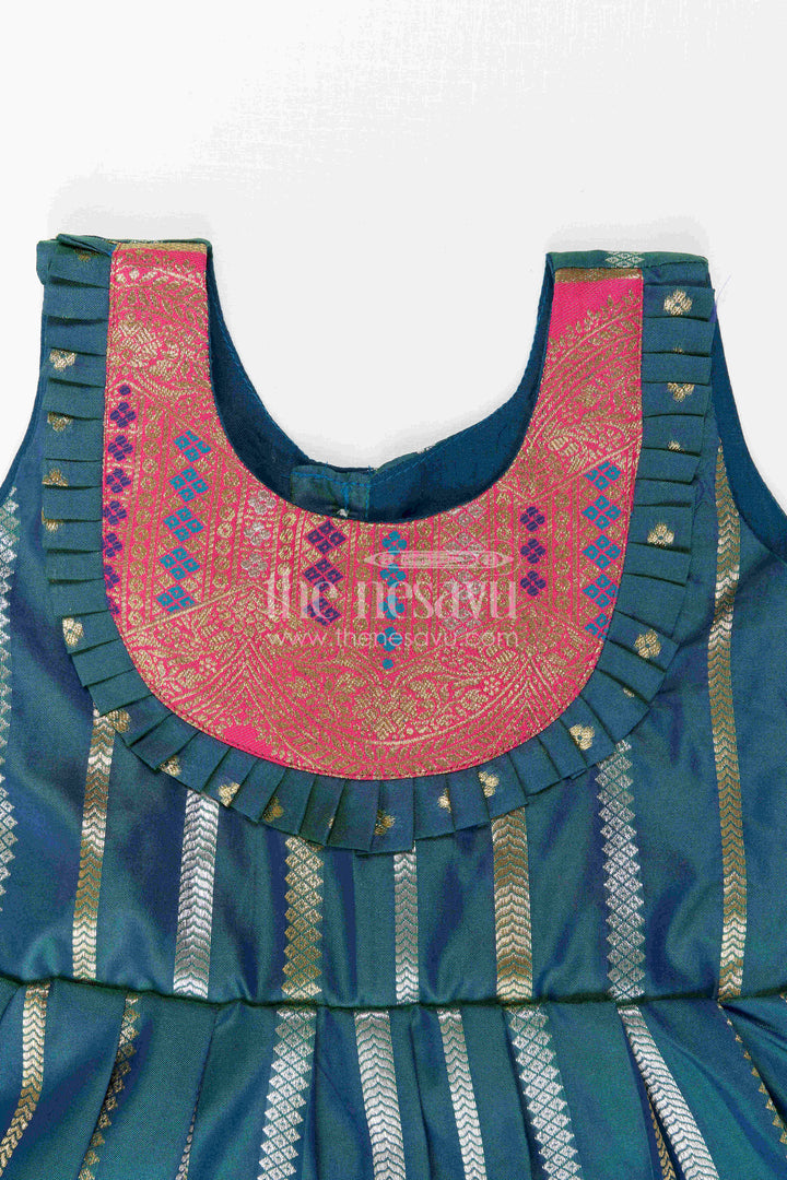Nesavu Baby Girl Kanchi Silk Frock with Woven Stripes and Big Border for Festive Weddings