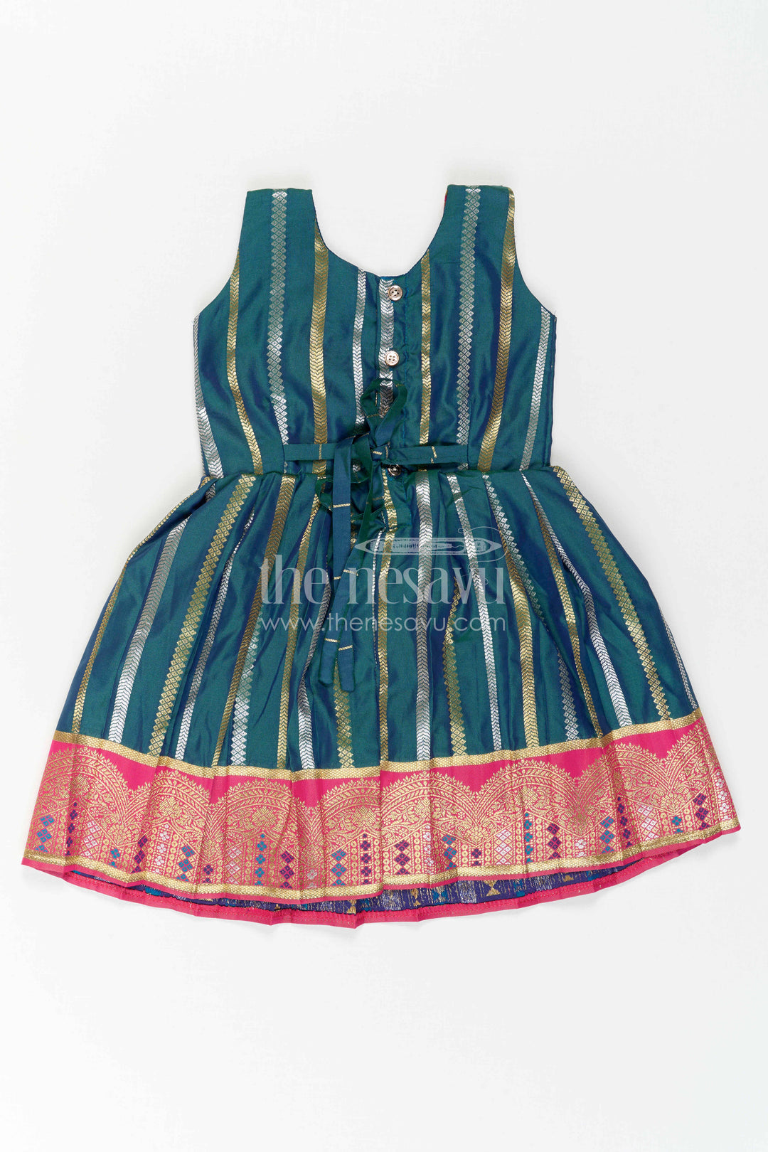 Nesavu Baby Girl Kanchi Silk Frock with Woven Stripes and Big Border for Festive Weddings